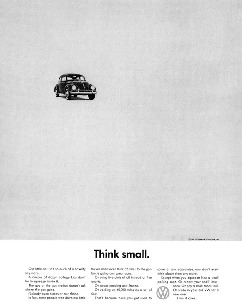 Volkswagen's iconic Think Small ad, a masterclass in defensive, counter-intuitive signaling